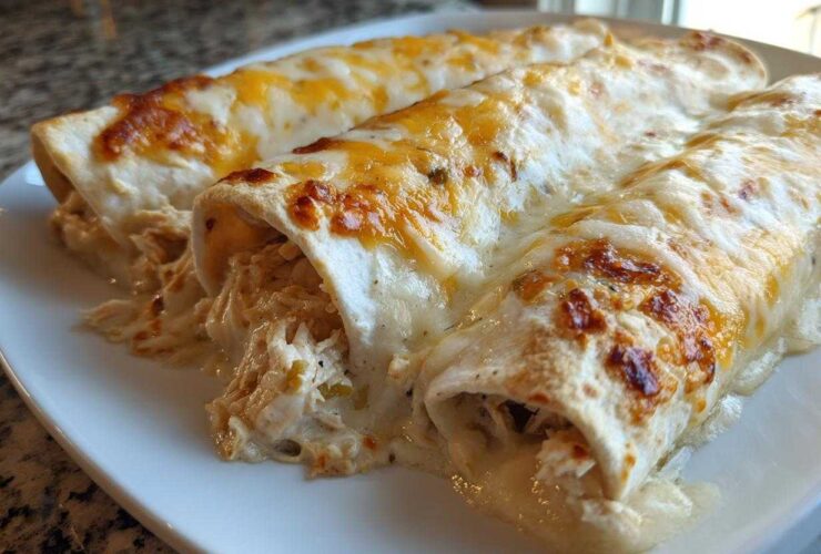 Three rolled white chicken enchiladas covered in creamy sauce and browned cheese on a white plate.
