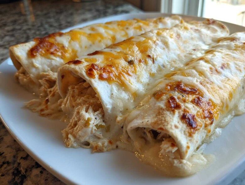 Three rolled white chicken enchiladas covered in creamy sauce and browned cheese on a white plate.