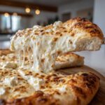 A slice of white pizza being lifted, showing extreme cheese pull with melted mozzarella and ricotta.