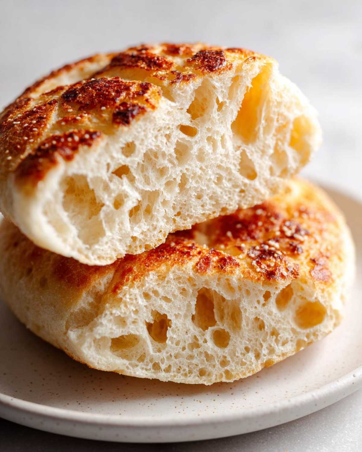 Close-up of a homemade english muffin cut in half, showing its airy, open crumb structure.