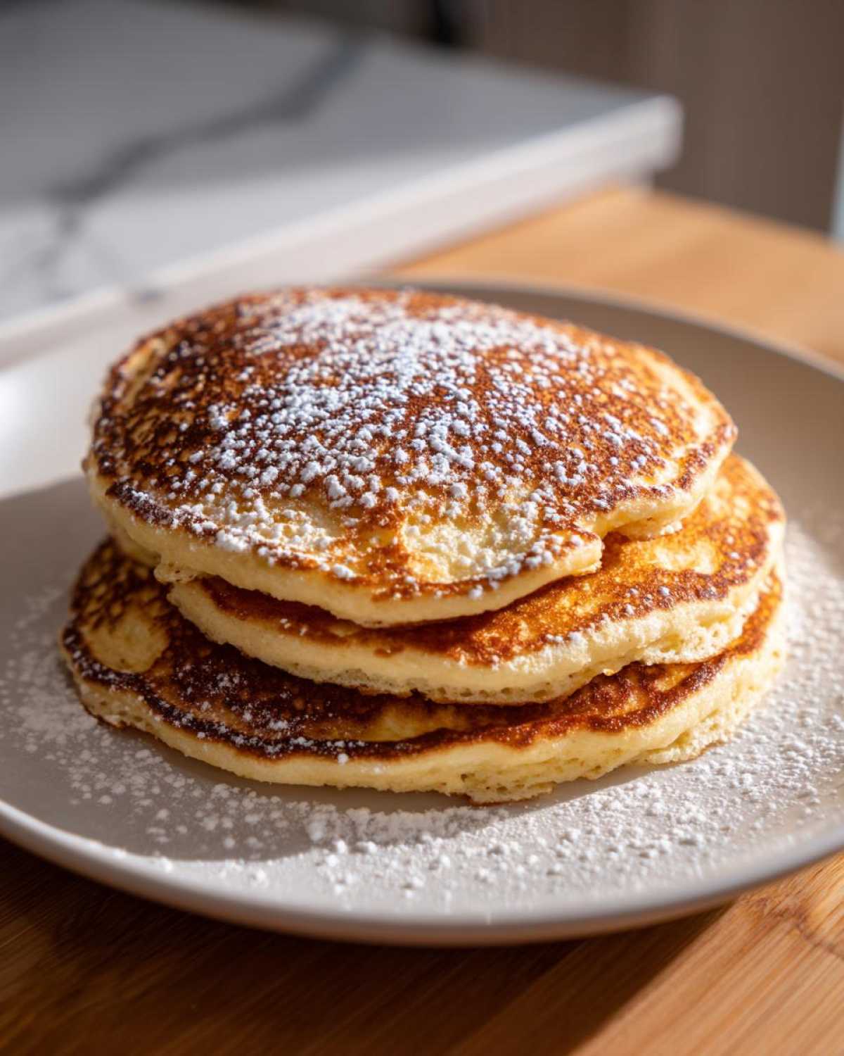 A close-up of a stack of golden brown almond flour pancakes dusted heavily with powdered sugar.