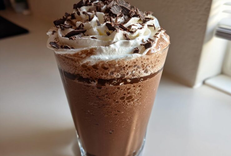 A tall glass filled with blended frozen hot chocolate, topped with whipped cream and chocolate shavings.