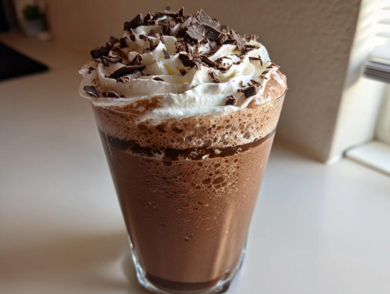 A tall glass filled with blended frozen hot chocolate, topped with whipped cream and chocolate shavings.