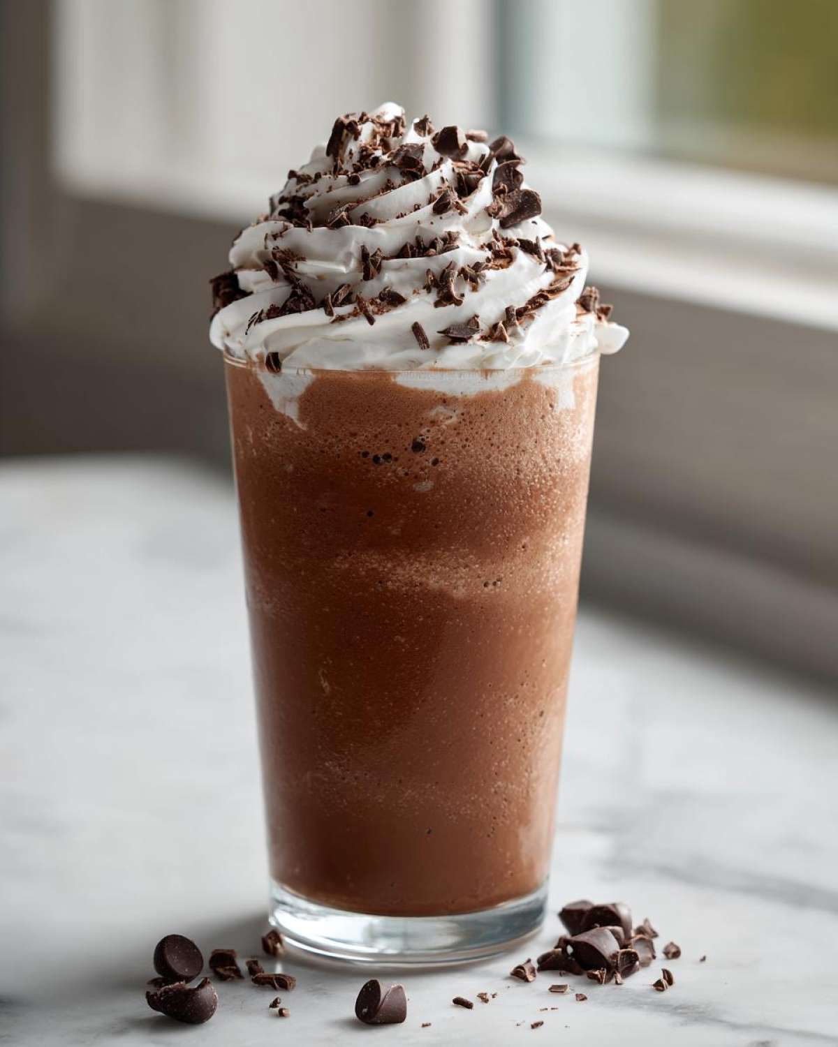 A tall glass filled with thick, blended frozen hot chocolate topped with whipped cream and chocolate shavings.