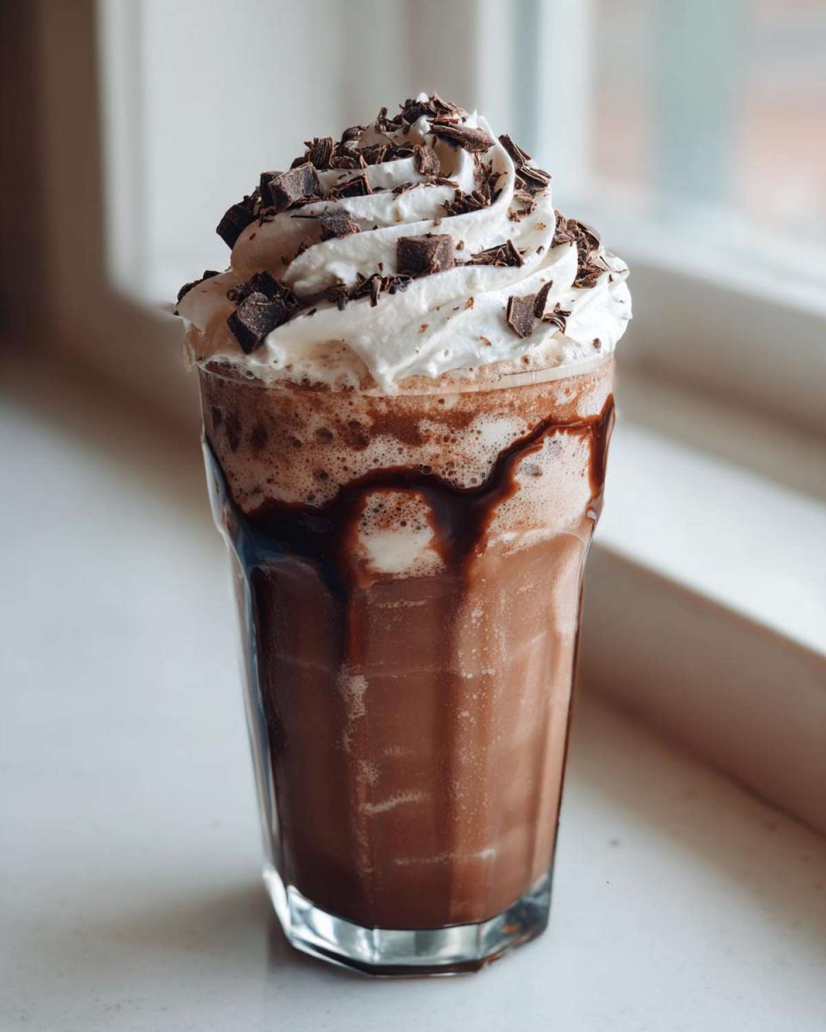 A tall glass filled with rich frozen hot chocolate, topped with whipped cream and chocolate shavings.