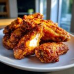 A close-up of perfectly cooked, crispy chicken wings piled on a white plate, showing the juicy interior of one wing.