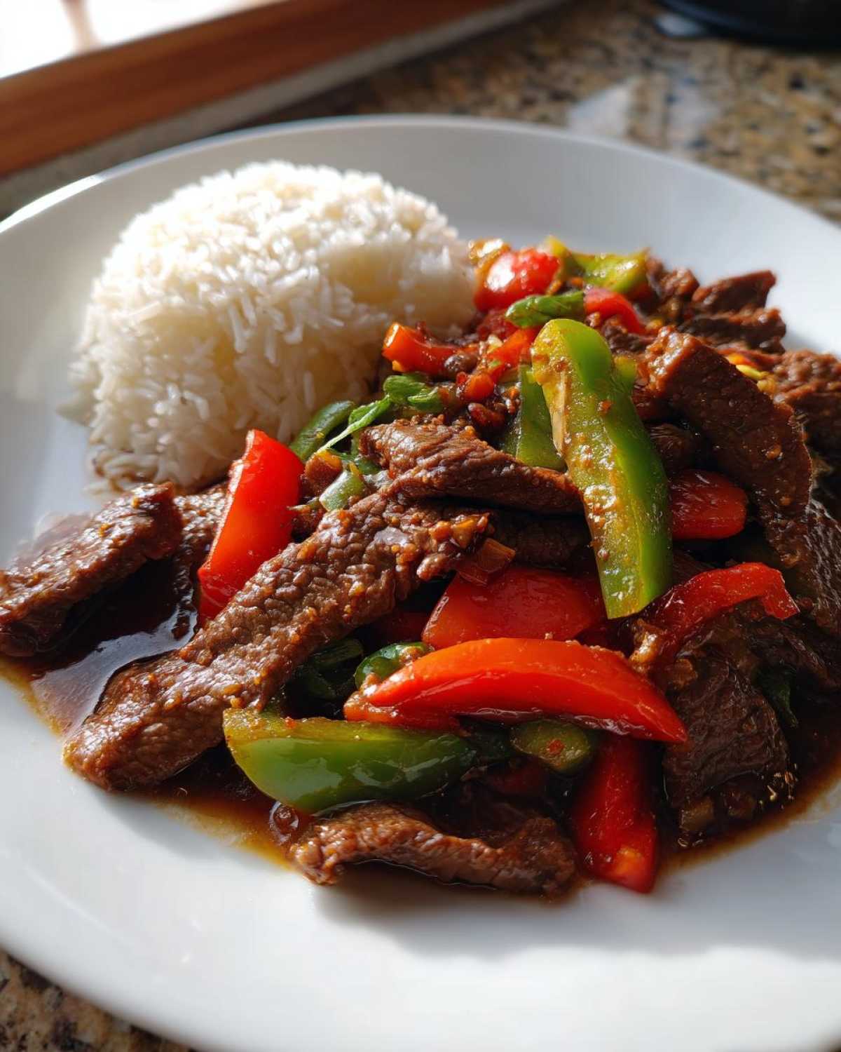 Close-up of savory pepper steak stir-fry with red and green peppers served next to a mound of white rice.