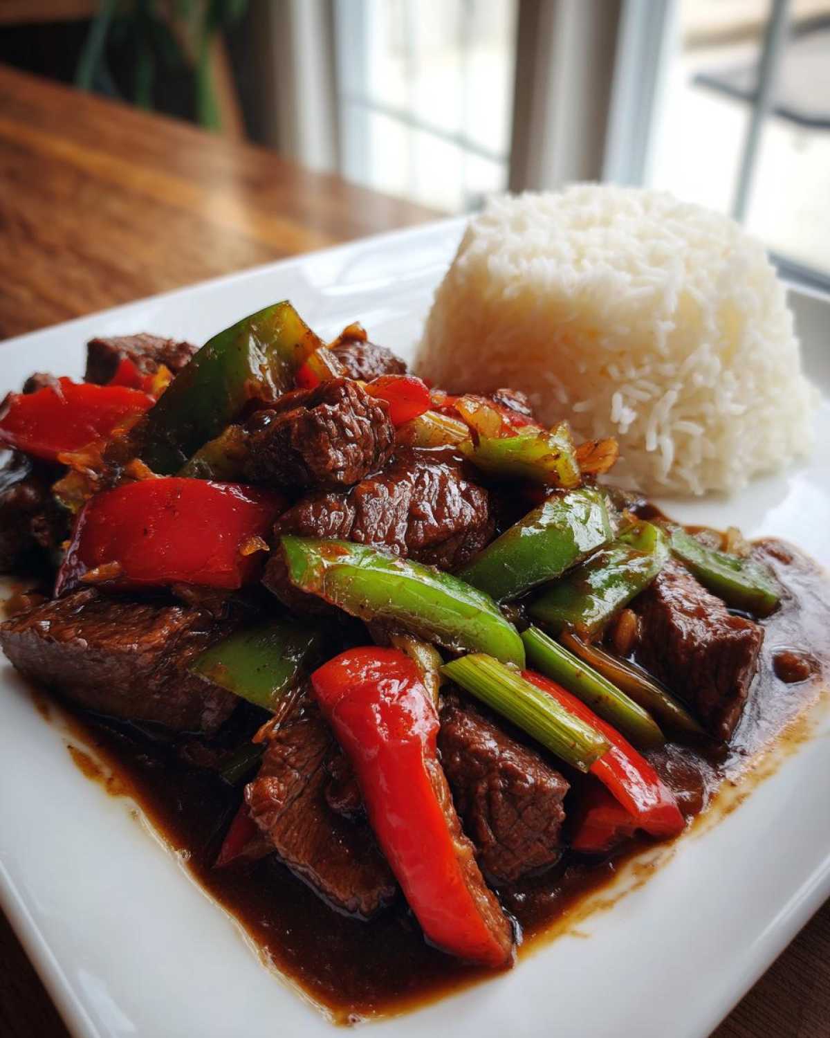 Close-up of savory pepper steak with colorful red and green peppers served next to a mound of white rice.