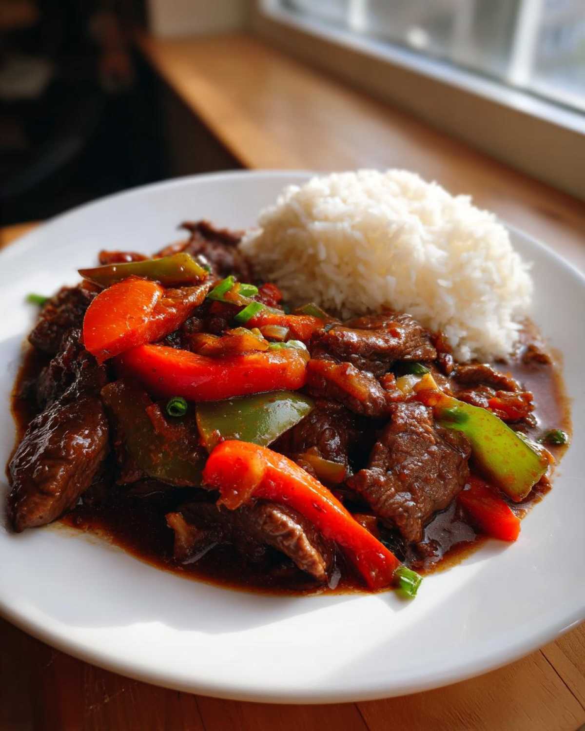 A plate of savory pepper steak with bright red and green peppers served next to a mound of fluffy white rice.
