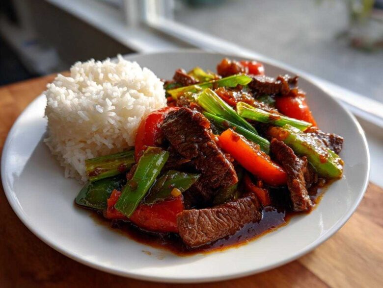 A plate featuring savory pepper steak stir-fry with red peppers and green onions, served alongside a mound of white rice.