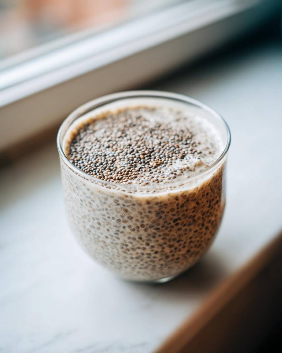 Close-up of creamy chia seed pudding in a clear glass, topped with extra chia seeds.