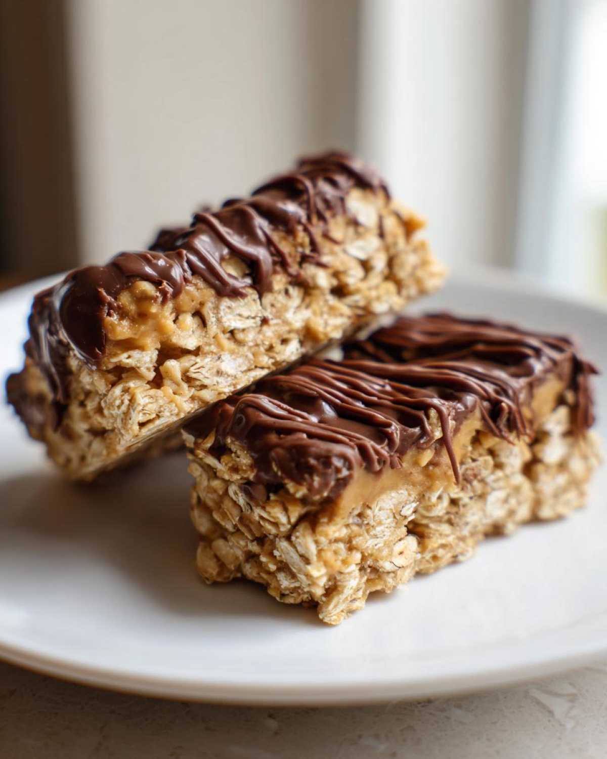 Two homemade protein bars made with oats and topped with peanut butter layer and chocolate drizzle.