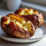 Two perfectly cooked air fryer baked potato halves showing crispy skin and fluffy, seasoned interior.