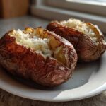 Two perfectly cooked air fryer baked potato halves with crispy skins and fluffy insides, seasoned with salt.
