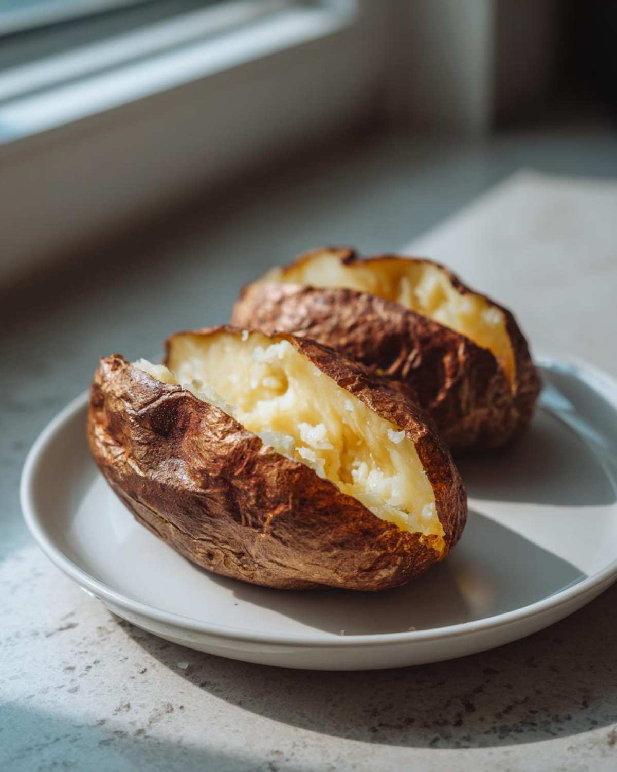 Two perfectly cooked air fryer baked potato halves with crispy brown skins and fluffy white interiors on a light plate.