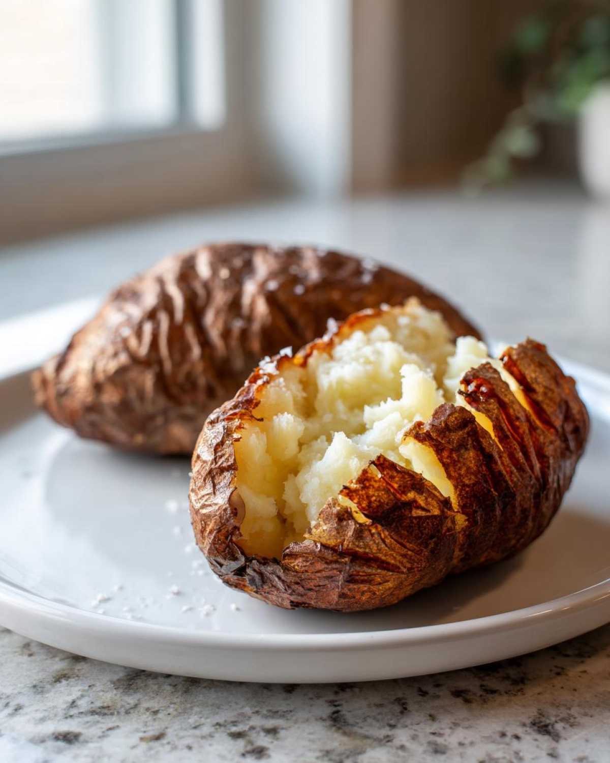 Close-up of a fluffy air fryer baked potato, split open to show the soft interior and crispy, seasoned skin.