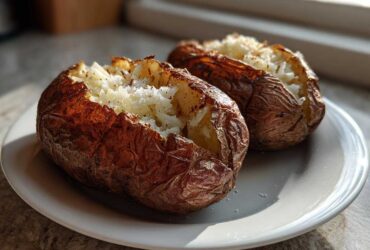 Two perfectly cooked air fryer baked potato halves with crispy skins and fluffy insides, seasoned with salt.