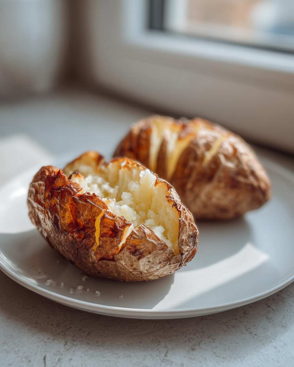Two perfectly cooked air fryer baked potato halves on a white plate, showing fluffy insides and crispy skin.