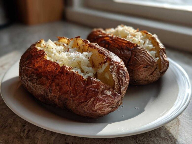 Two perfectly cooked air fryer baked potato halves with crispy skins and fluffy insides, seasoned with salt.