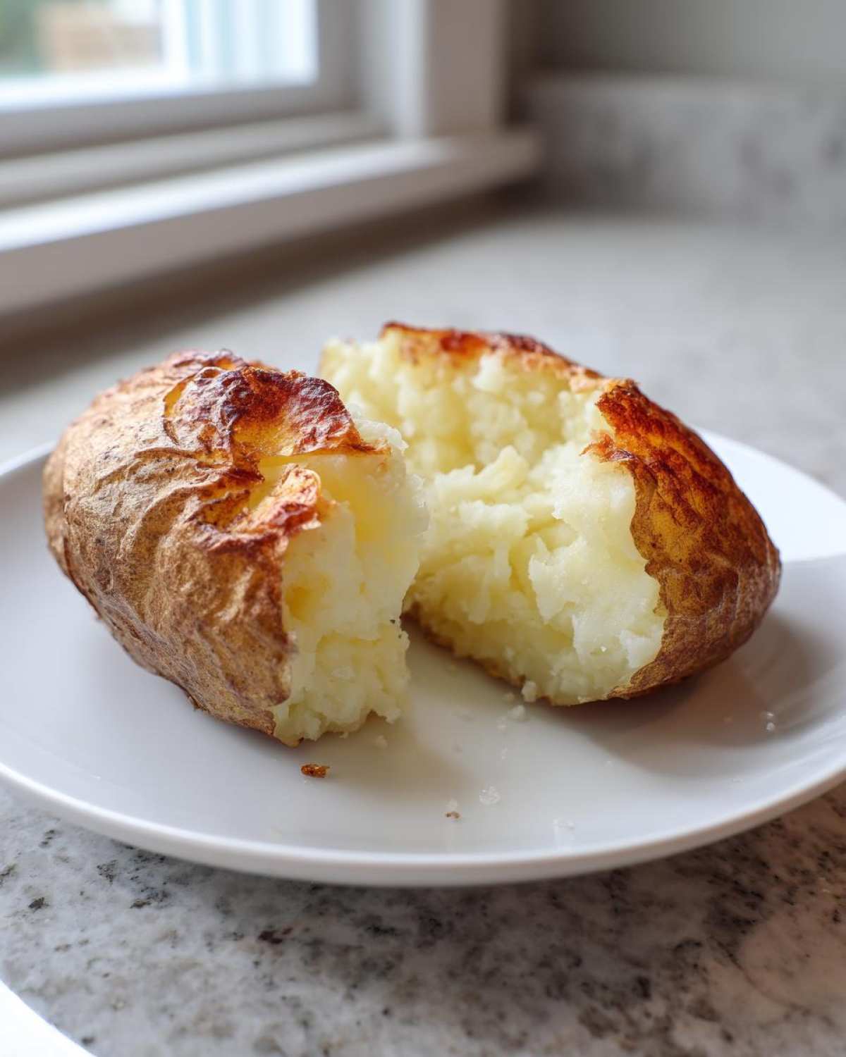 A perfectly cooked air fryer baked potato split open, showing fluffy interior and crispy skin.