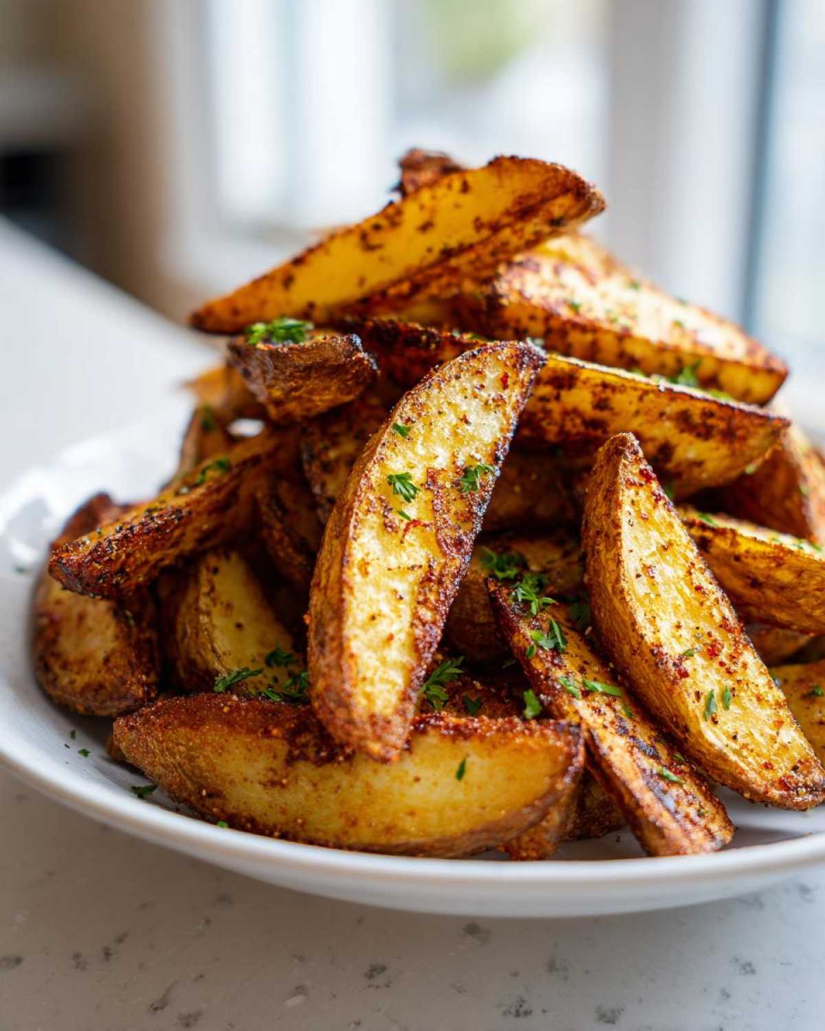 A close-up of a generous pile of golden, crispy air fryer potato wedges seasoned with spices and garnished with parsley.