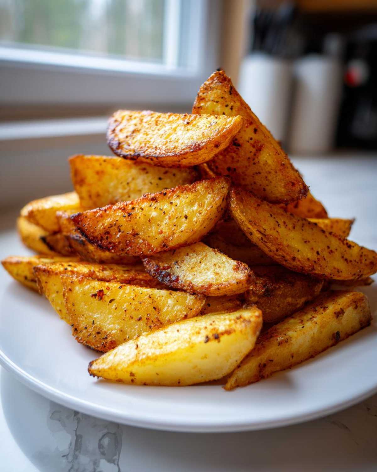 A close-up of a pile of golden brown, seasoned air fryer potato wedges stacked on a white plate.