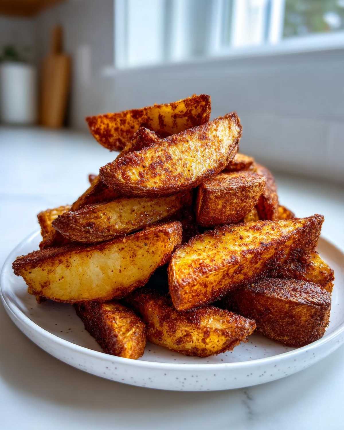 A tall stack of golden brown, seasoned air fryer potato wedges piled high on a white speckled plate.
