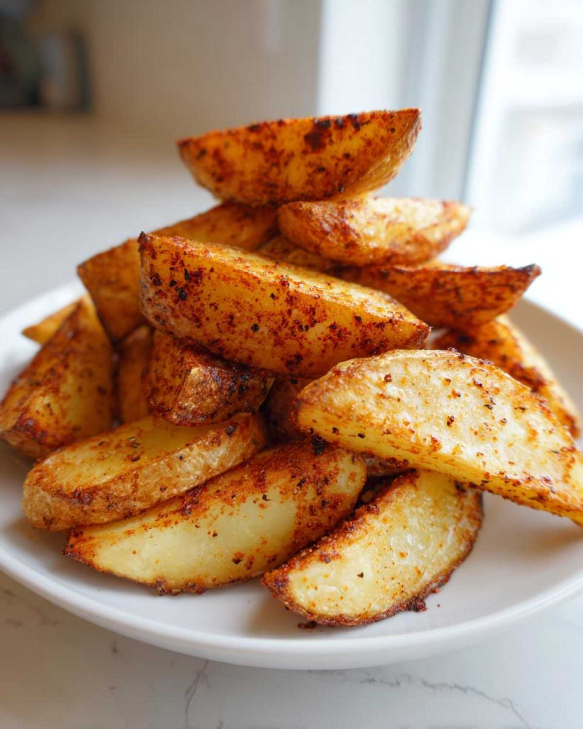 A tall stack of golden brown, seasoned air fryer potato wedges piled high on a white plate.