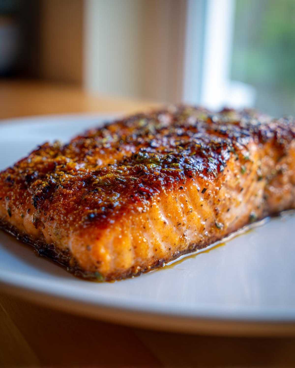 Close-up of a beautifully seasoned and cooked air fryer salmon fillet resting on a white plate.