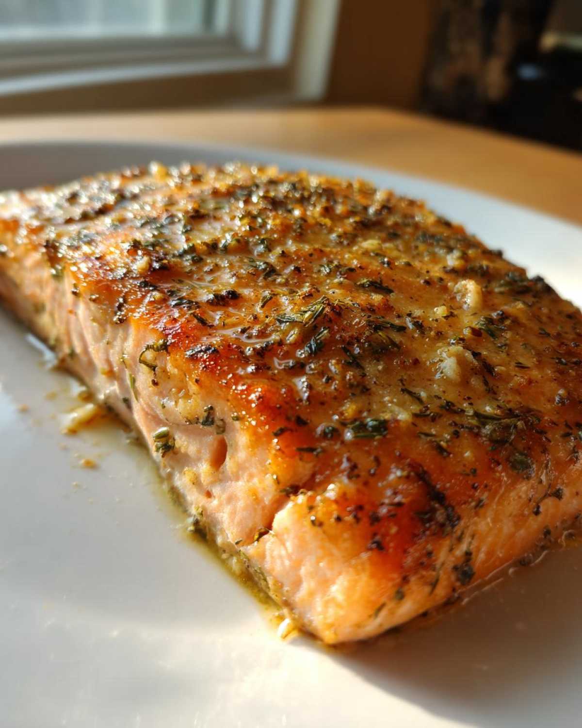Close-up of a juicy, seasoned fillet of air fryer salmon resting on a white plate, glistening in the sunlight.