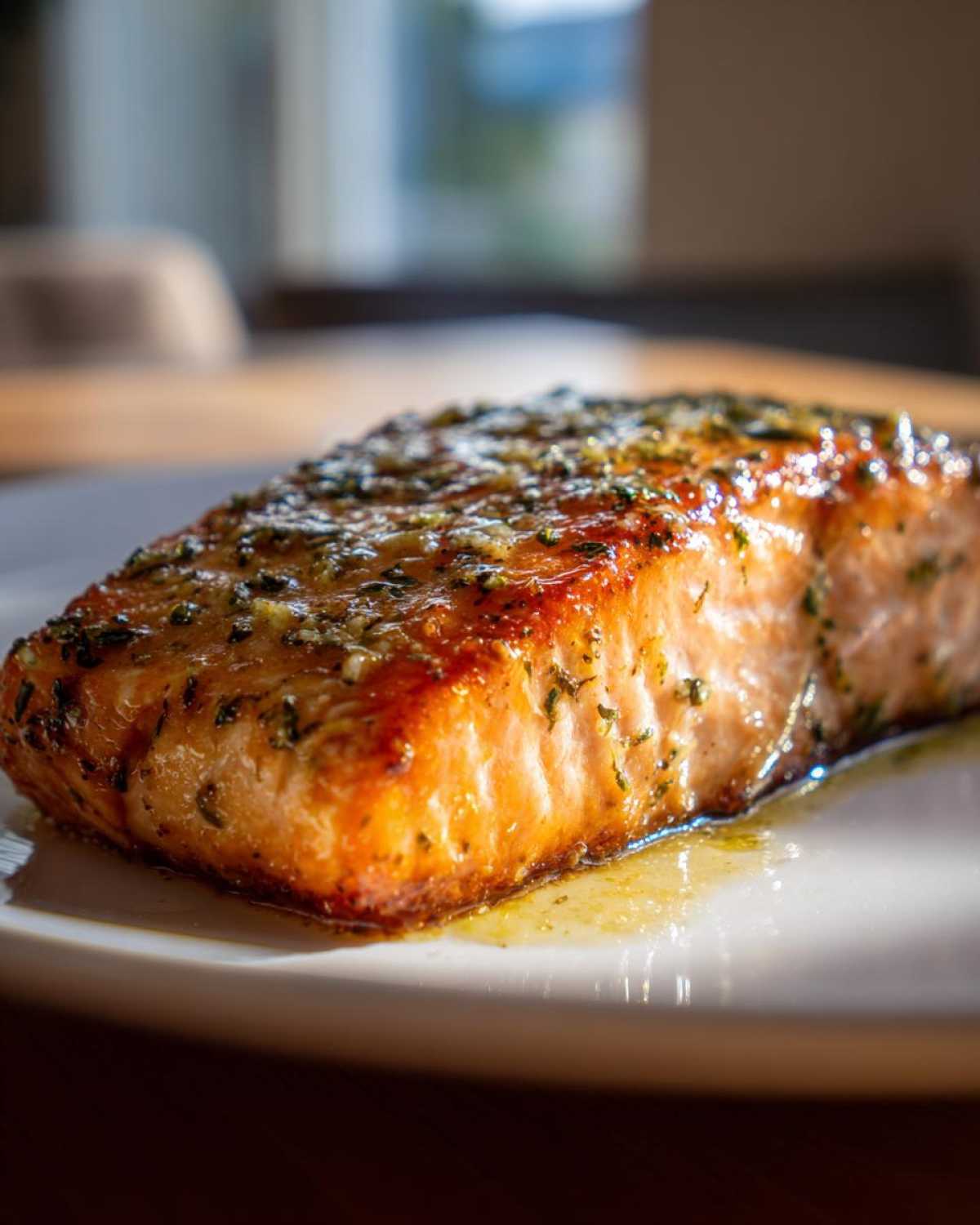 Close-up of a juicy, seasoned air fryer salmon fillet resting on a white plate with melted butter or oil.