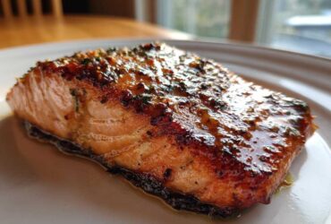 Close-up of a perfectly cooked, glazed air fryer salmon fillet on a white plate.