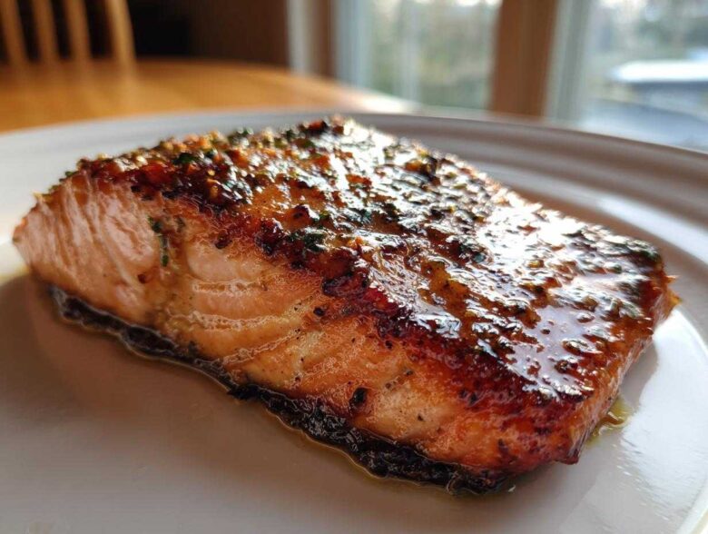 Close-up of a perfectly cooked, glazed air fryer salmon fillet on a white plate.