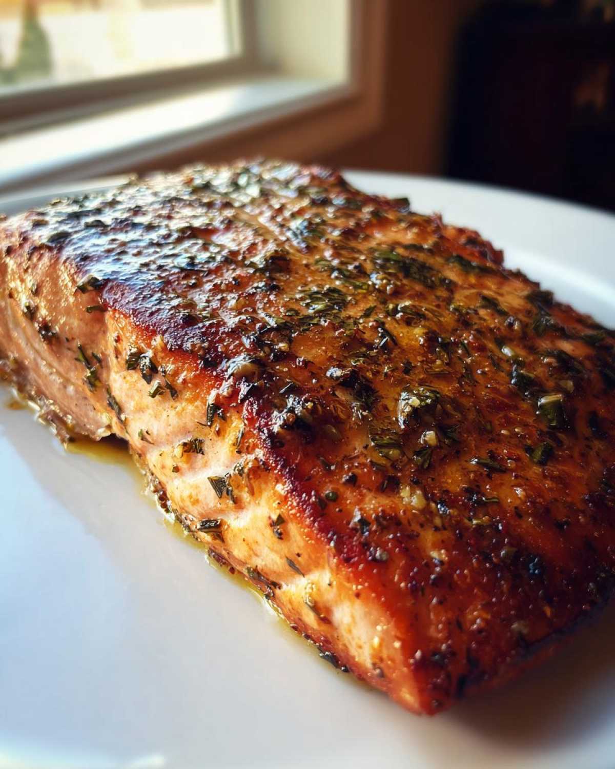 Close-up of a juicy, seasoned fillet of air fryer salmon resting on a white plate.