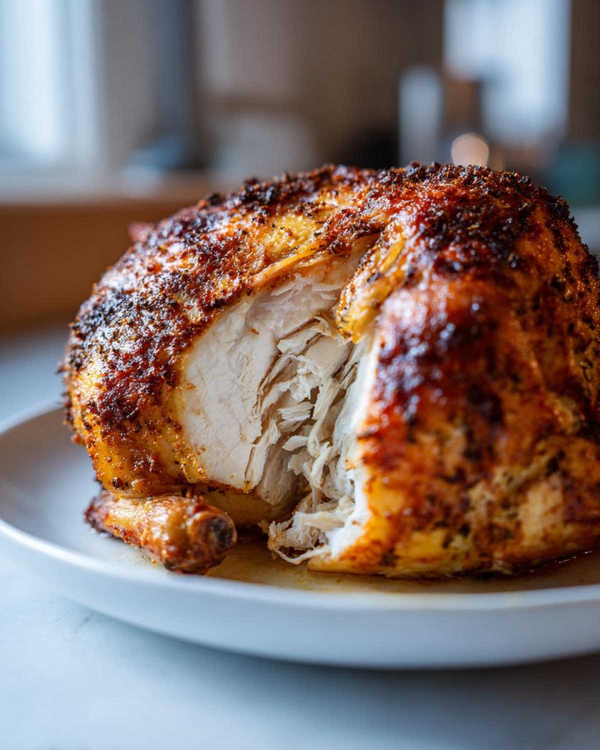 Close-up of a perfectly cooked air fryer whole chicken, showing moist, shredded white meat inside its crispy, seasoned skin.