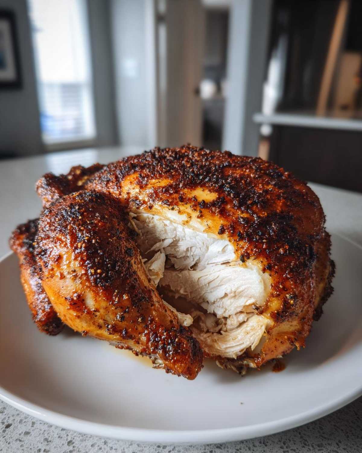A perfectly cooked air fryer whole chicken resting on a white plate, showing juicy white meat after being cut open.