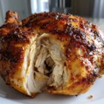 Close-up of a perfectly cooked air fryer whole chicken, showing juicy, shredded white meat inside and crispy, seasoned skin.