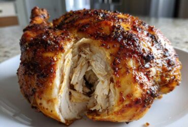 Close-up of a perfectly cooked air fryer whole chicken, showing juicy, shredded white meat inside and crispy, seasoned skin.