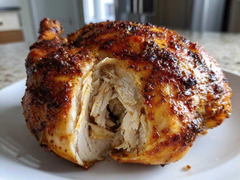 Close-up of a perfectly cooked air fryer whole chicken, showing juicy, shredded white meat inside and crispy, seasoned skin.