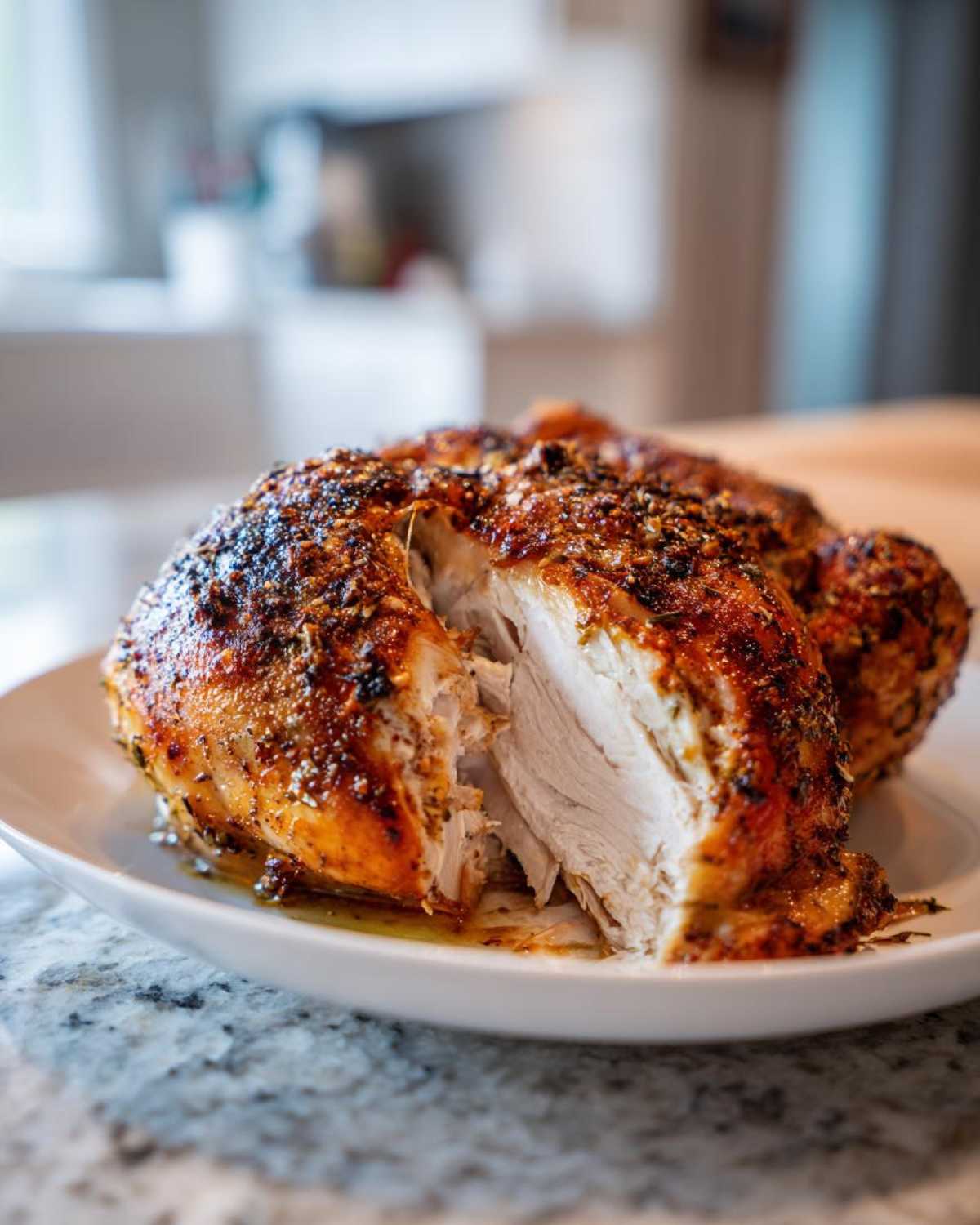 A perfectly cooked air fryer whole chicken, sliced to show the juicy white meat inside, resting on a white plate.