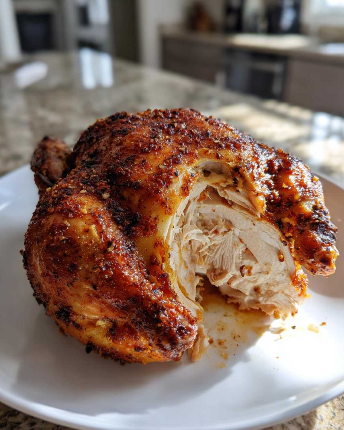 A perfectly cooked air fryer whole chicken, sliced open to show juicy white meat and crispy, seasoned skin.
