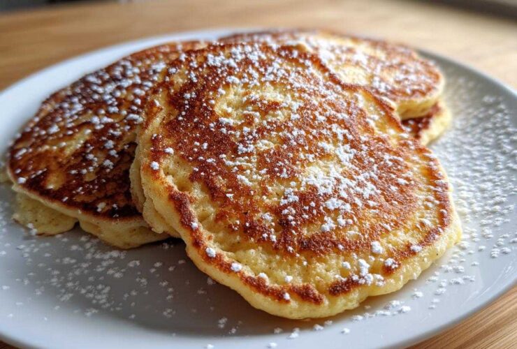 Close-up of fluffy almond flour pancakes stacked on a white plate, generously dusted with powdered sugar.