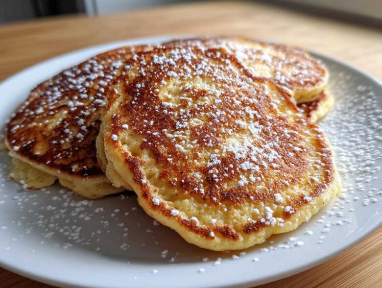 Close-up of fluffy almond flour pancakes stacked on a white plate, generously dusted with powdered sugar.