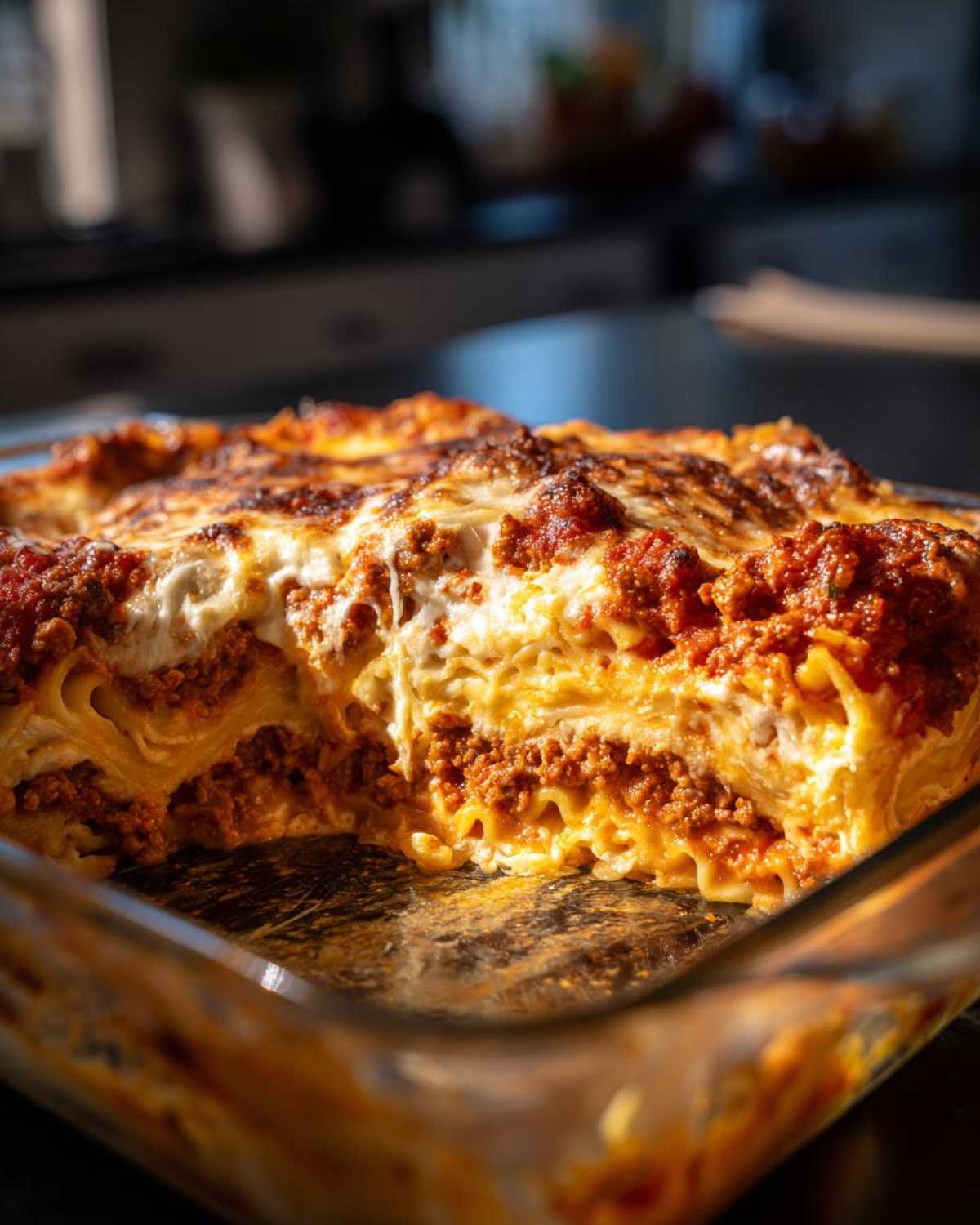 A close-up view of a freshly baked lasagna-style pasta bake in a glass dish with a piece removed.