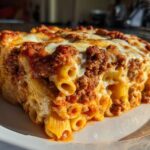 Close-up of a hearty slice of baked ziti style pasta bake, layered with rich meat sauce and melted cheese.