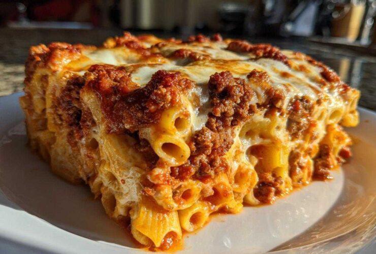 Close-up of a hearty slice of baked ziti style pasta bake, layered with rich meat sauce and melted cheese.