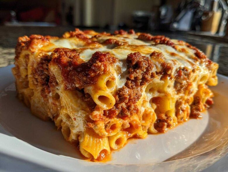 Close-up of a hearty slice of baked ziti style pasta bake, layered with rich meat sauce and melted cheese.