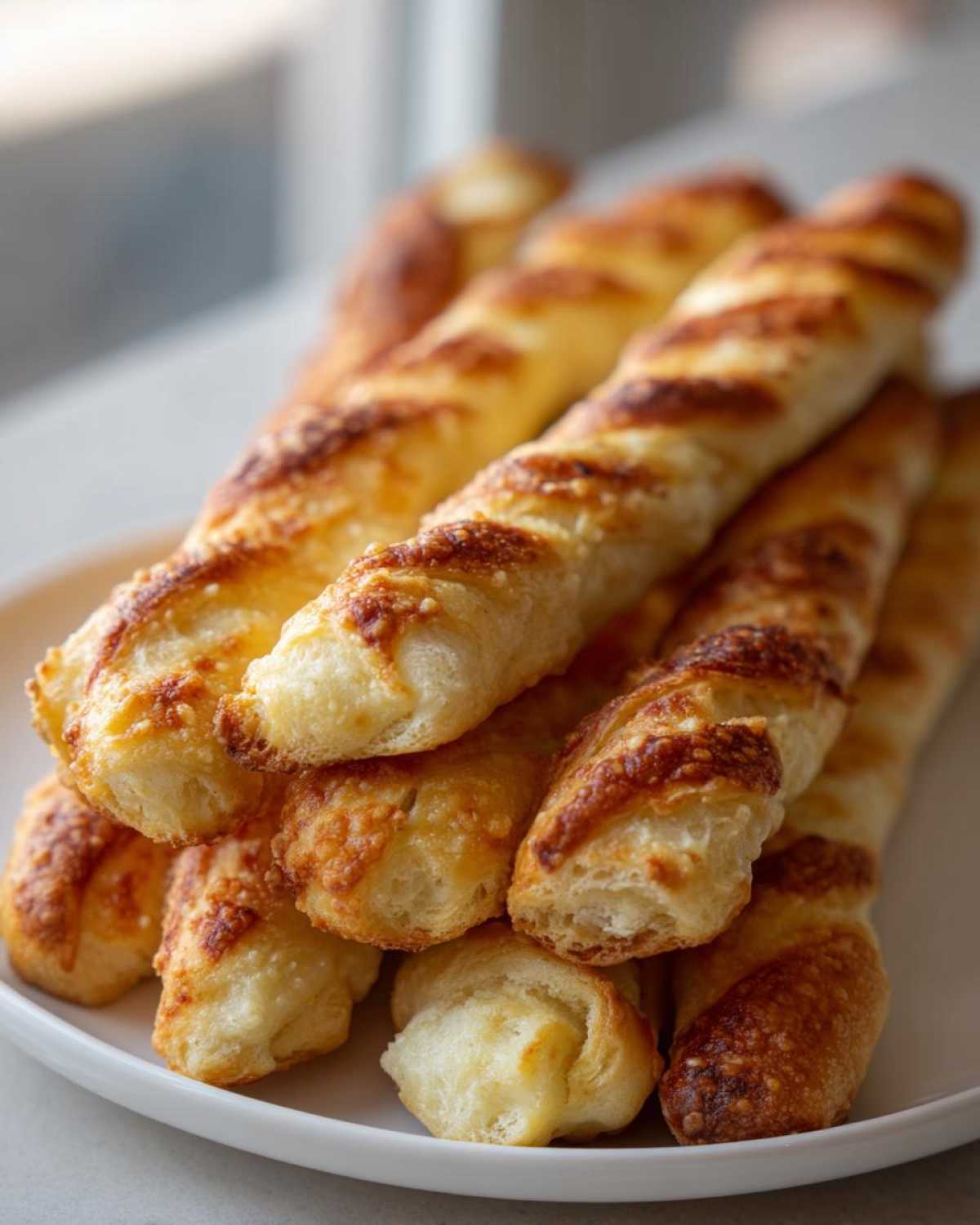 A close-up stack of freshly baked, twisted breadsticks topped with melted, golden-brown cheese.