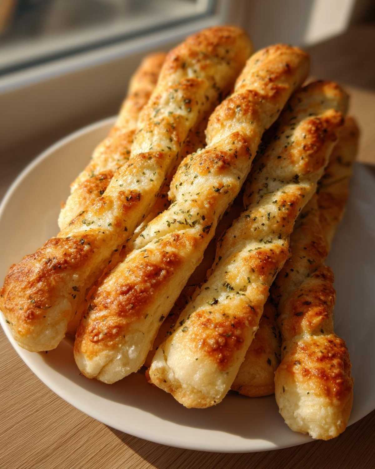 A stack of freshly baked, golden brown, twisted breadsticks seasoned with herbs and cheese.