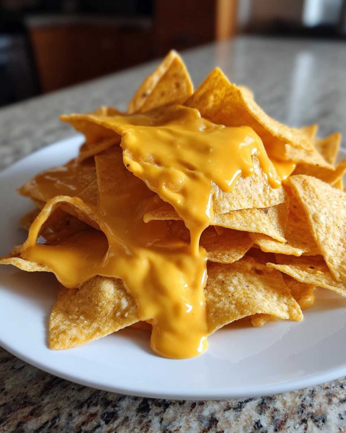 Close-up of crispy tortilla chips piled high and smothered in smooth, bright orange nacho cheese sauce.